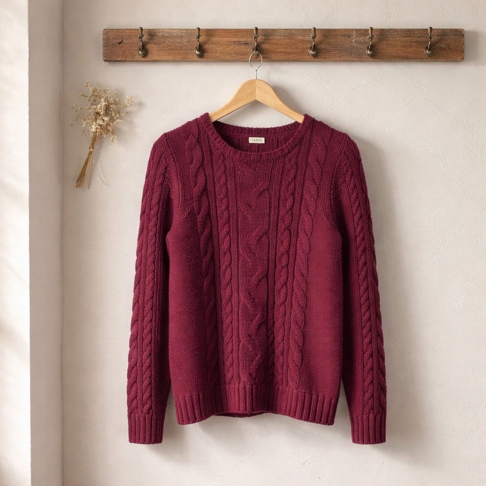 LL Bean Women Burgundy Cable Knit 100% Cotton Crewneck Sweater Size S 517898